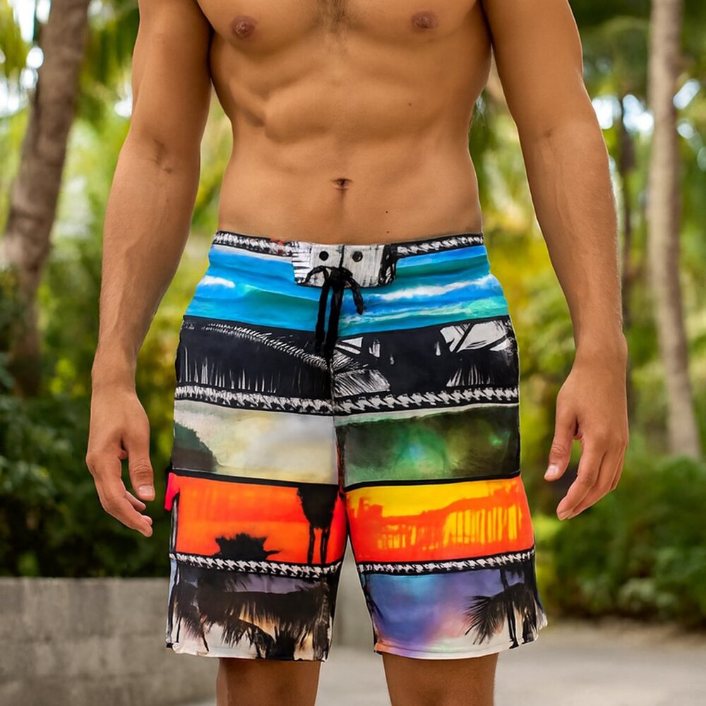 Hang Ten Lined Multicolor Tropical‎ Aloha Swim Surfboard Beach Y2K Shorts Men L
